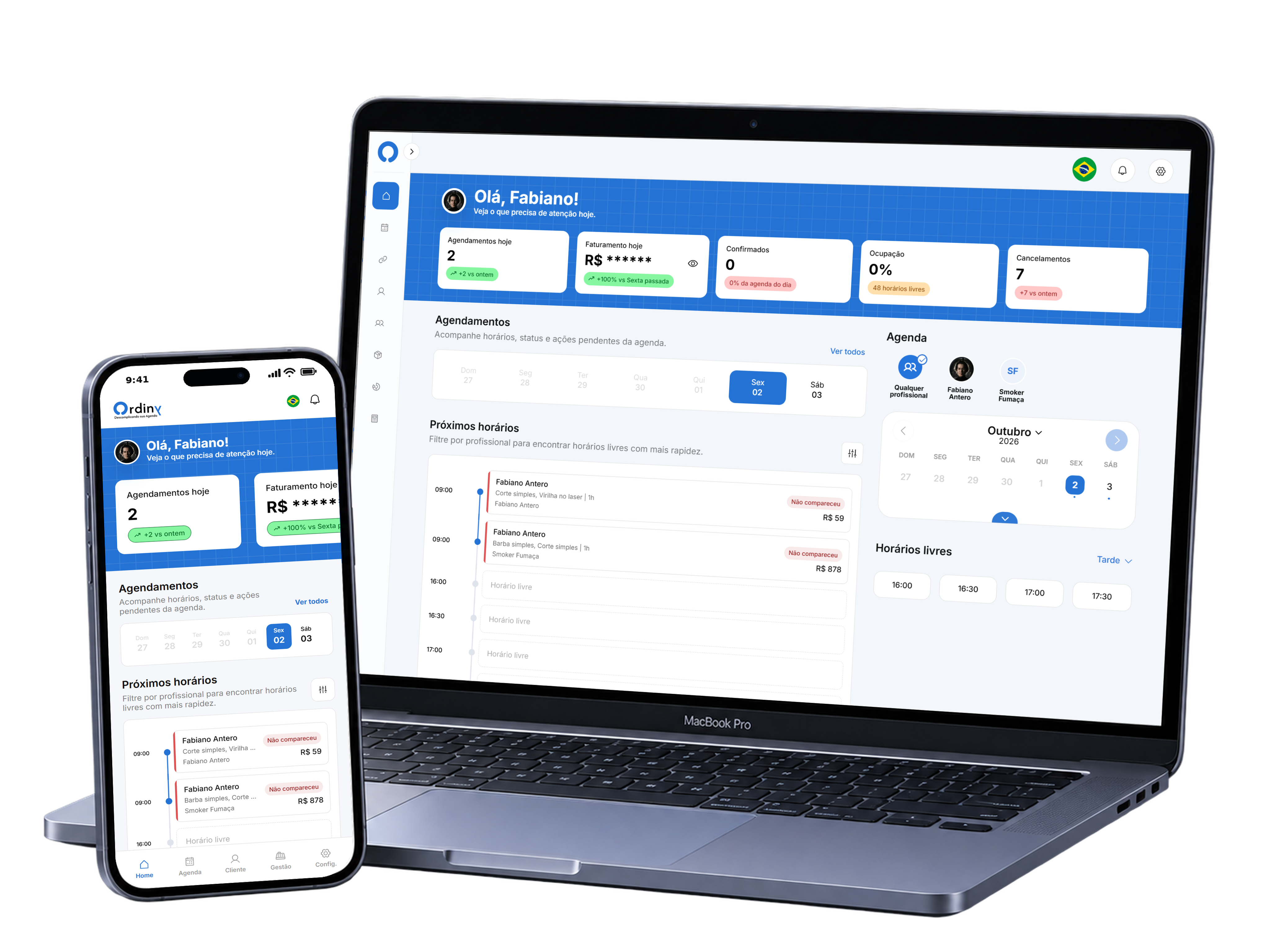 Ordiny em tema claro, painel desktop e mobile